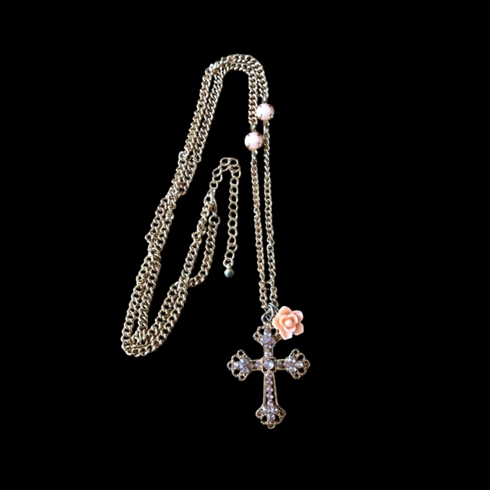 24" Goldtone Cross Necklace with Porcelain Peach Flower Charm EUC